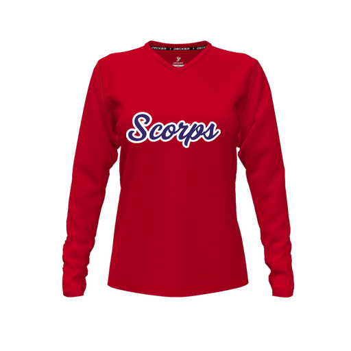 [CUS-DFW-TEES-PER-VNK-LSL-RED-FYXS-LOGO3] Decker Performance T-Shirt (Female Youth XS, Red, V Neck, Logo 3, Long Sleeve)