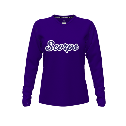 [CUS-DFW-TEES-PER-VNK-LSL-PUR-FYXS-LOGO3] Decker Performance T-Shirt (Female Youth XS, Purple, V Neck, Logo 3, Long Sleeve)